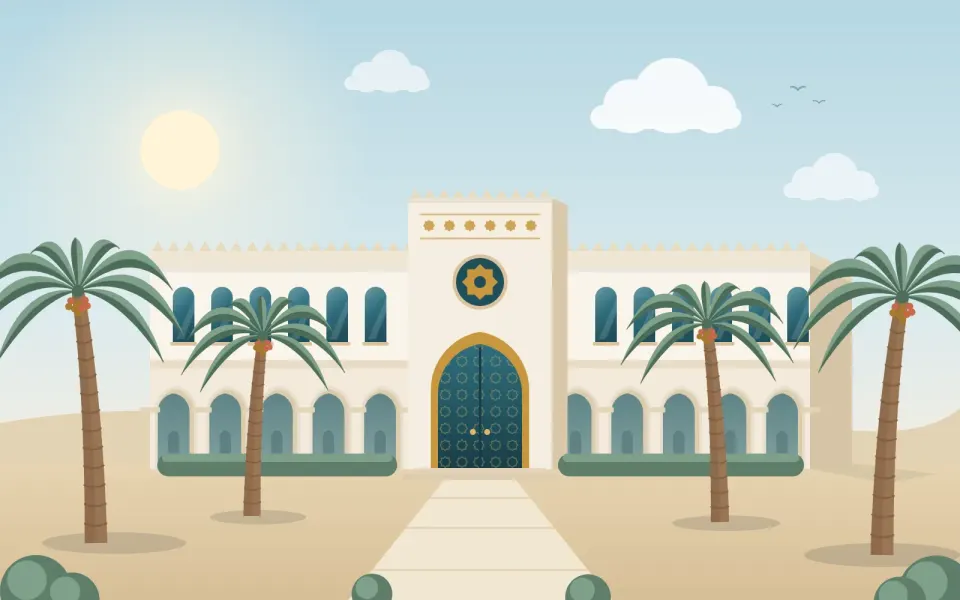 مبنى فرع الياسمين برواقه المقوّس وأشجار النخيل