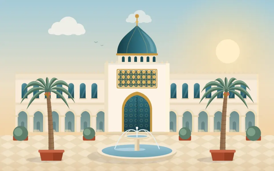 فناء فرع النرجس ومدخله المقوّس وقت العصر