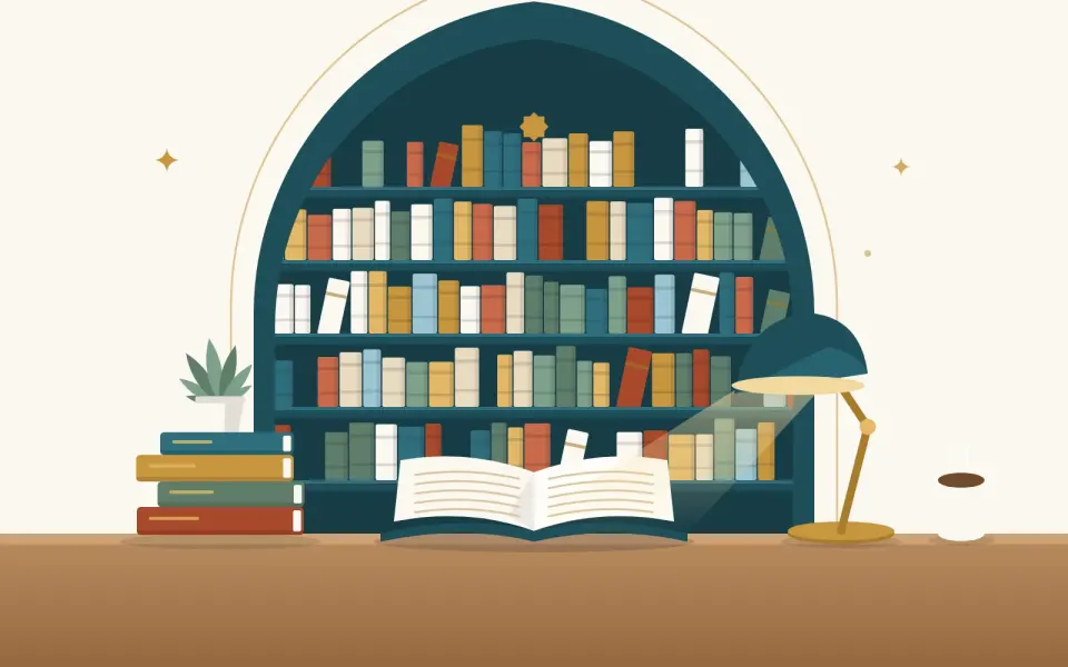 رفوف مكتبة وكتاب مفتوح ومصباح قراءة