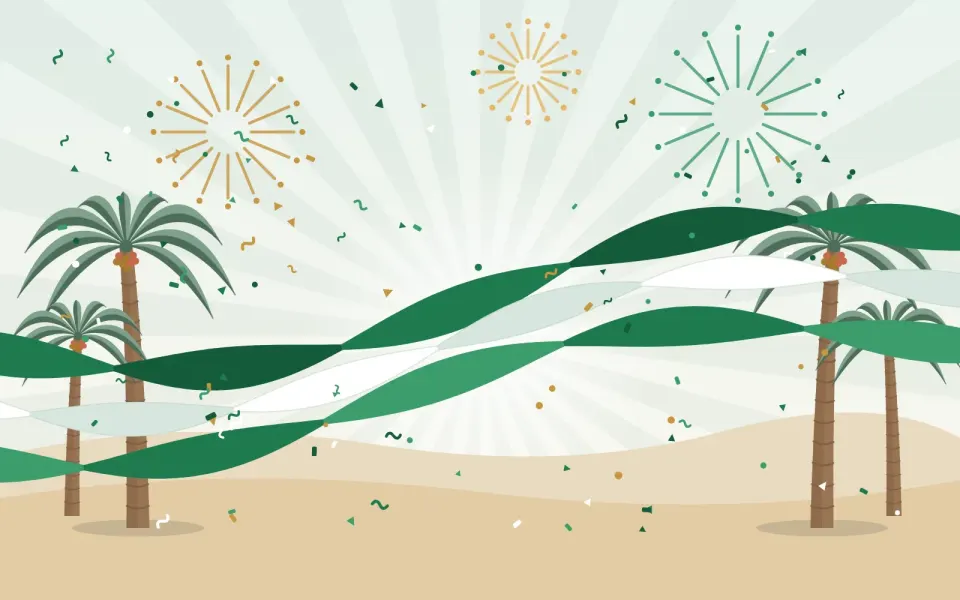 Green and white ribbons, palm trees and confetti