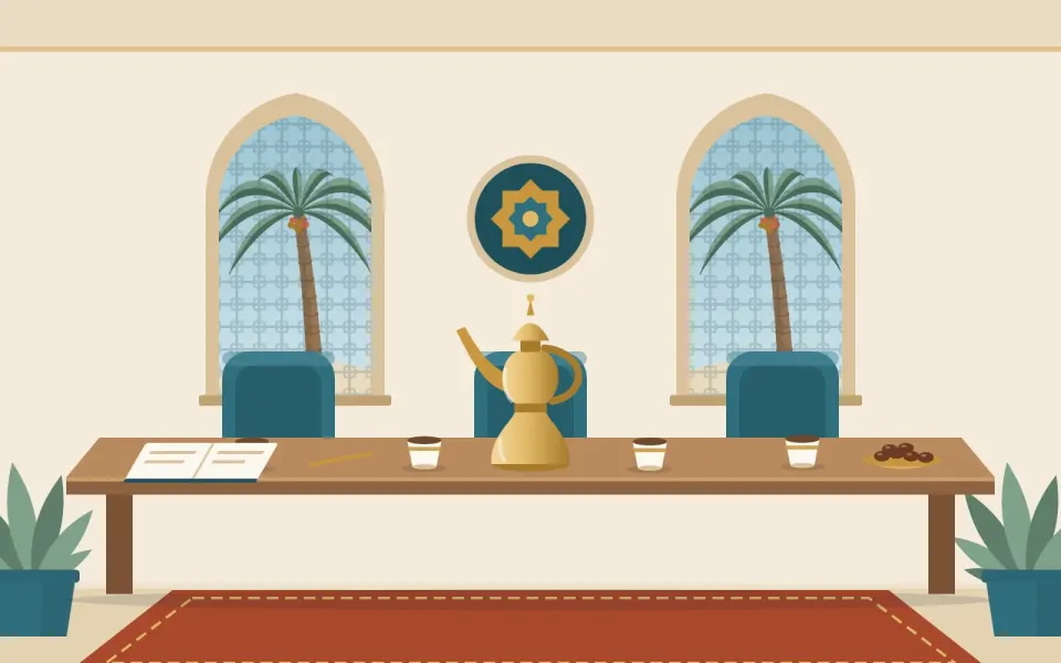 طاولة اجتماع مع دلة قهوة وفناجين